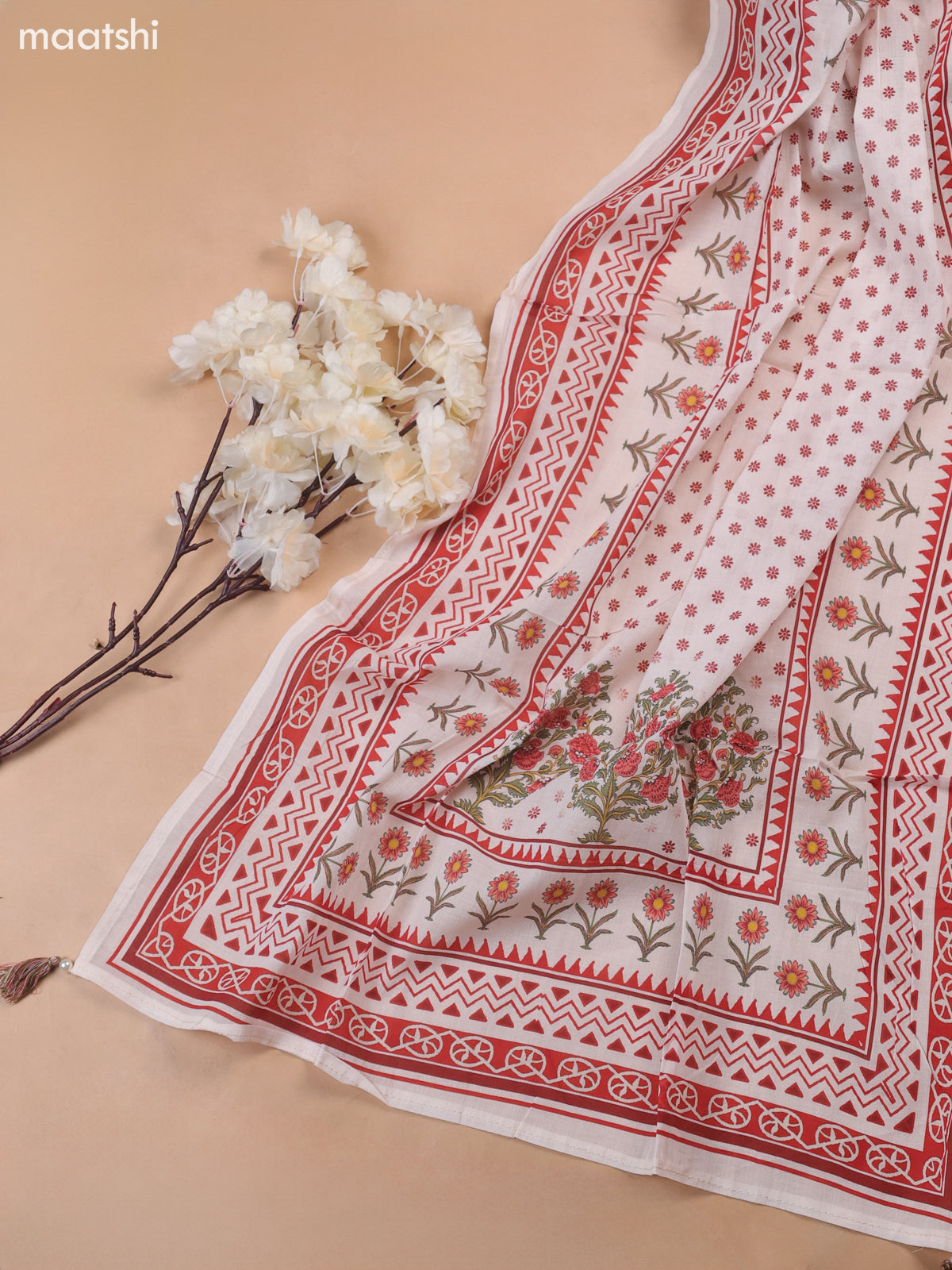 Off White and Red Cotton Dress Material With Allover Prints & Kantha Stitch Work Neck Pattern