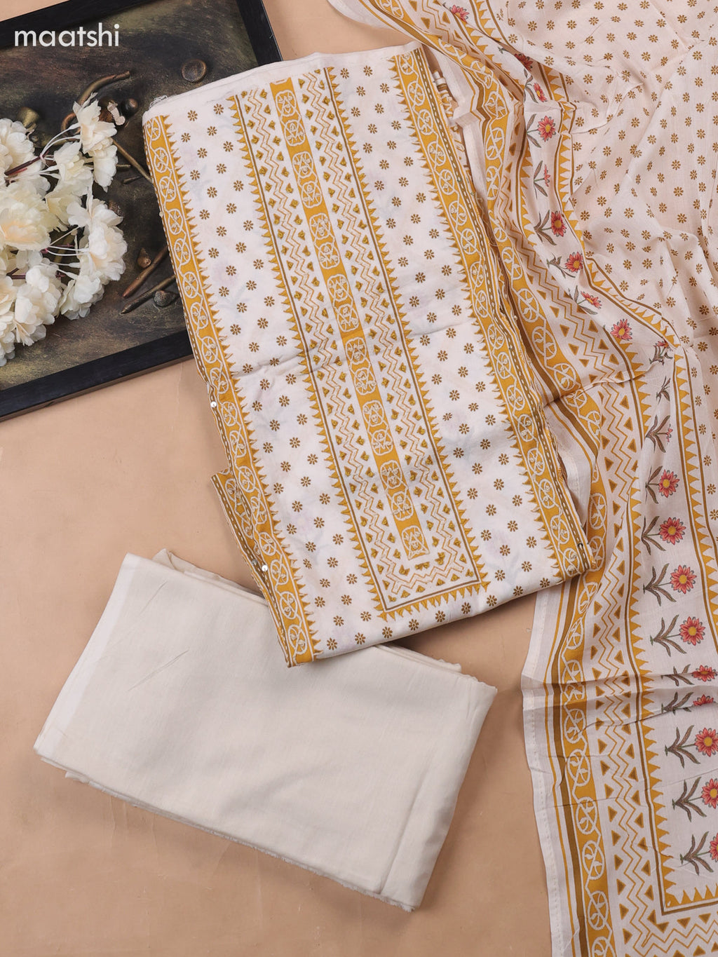 Off White and Mustard Yellow Cotton Dress Material With Allover Prints & Kantha Stitch Work Neck Pattern