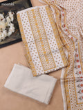 Off White and Mustard Yellow Cotton Dress Material With Allover Prints & Kantha Stitch Work Neck Pattern