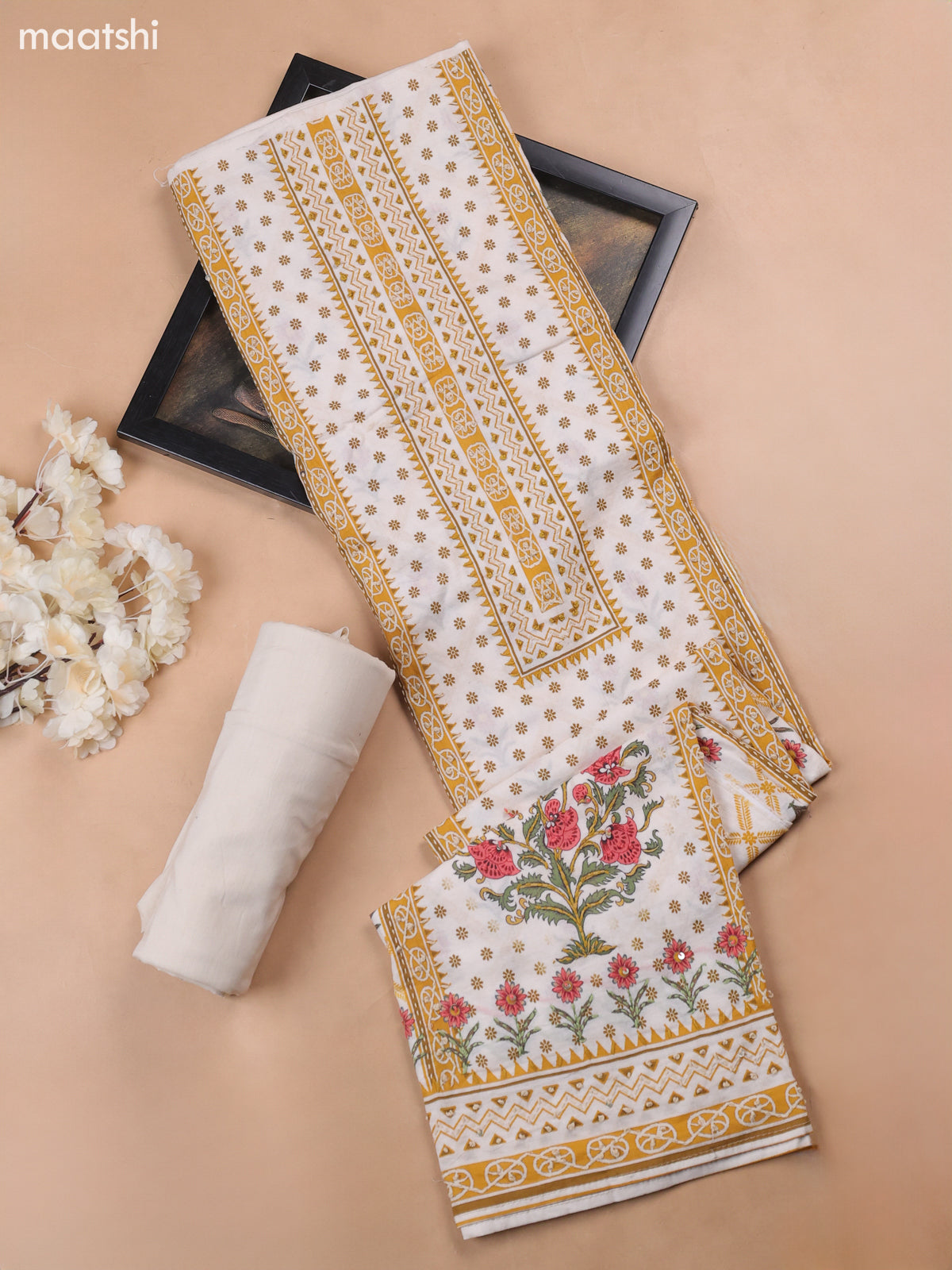 Off White and Mustard Yellow Cotton Dress Material With Allover Prints & Kantha Stitch Work Neck Pattern