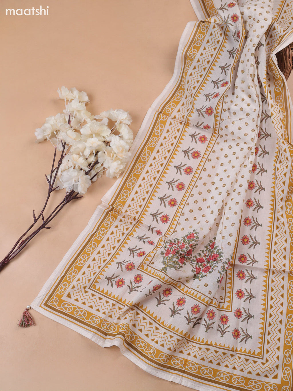 Off White and Mustard Yellow Cotton Dress Material With Allover Prints & Kantha Stitch Work Neck Pattern