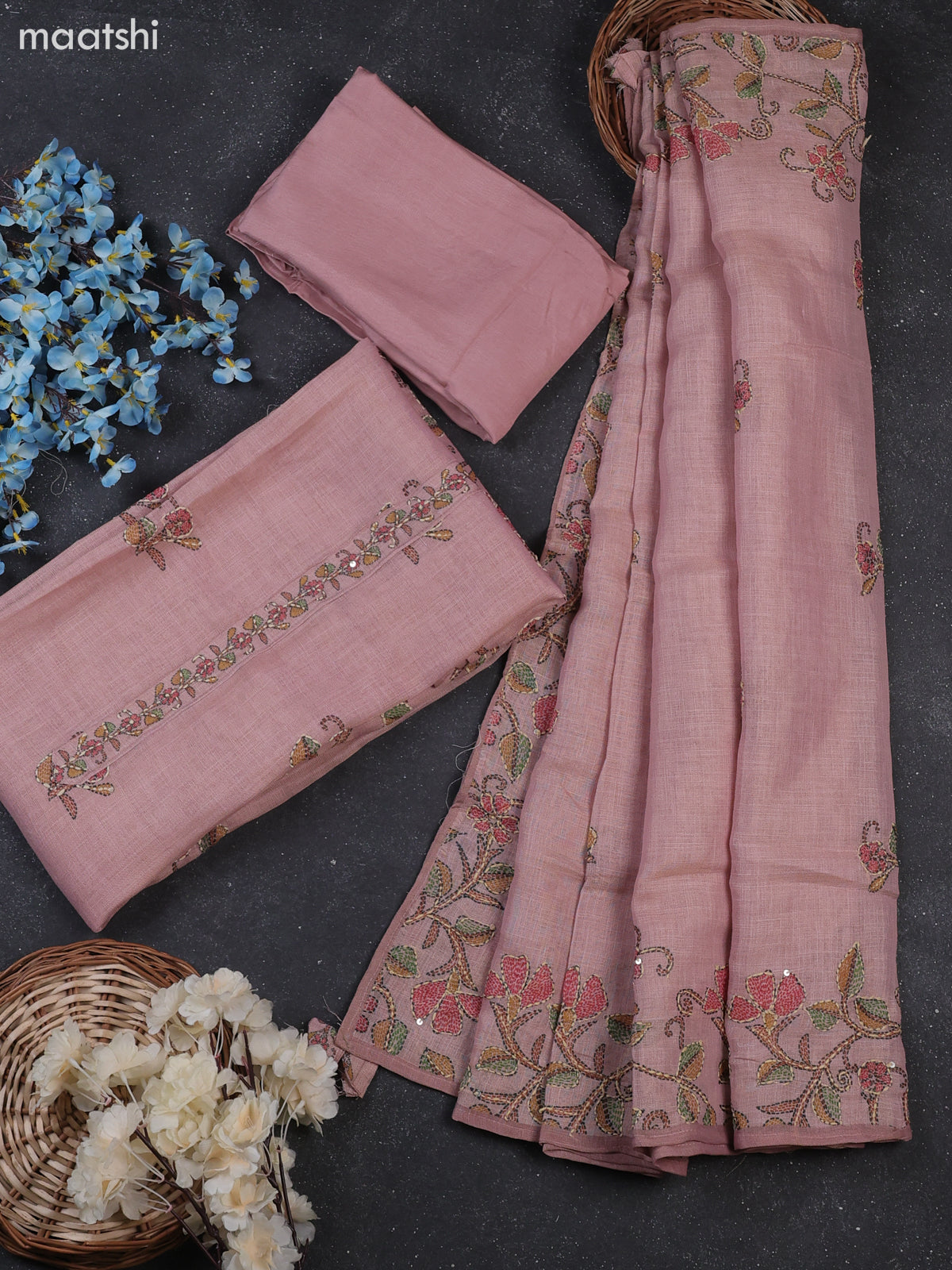 Mild Peach Tissue Linen Dress Material With Madhubani Prints & Kantha Stitch Work Pattern