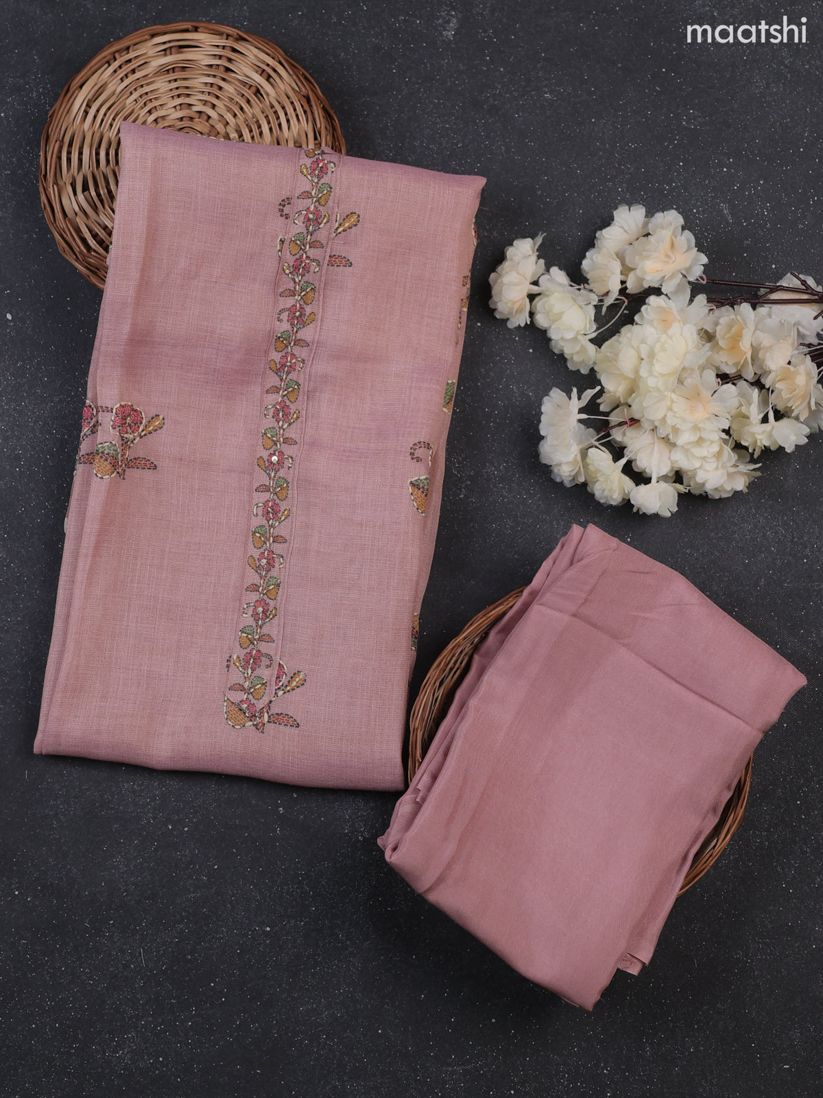 Mild Peach Tissue Linen Dress Material With Madhubani Prints & Kantha Stitch Work Pattern