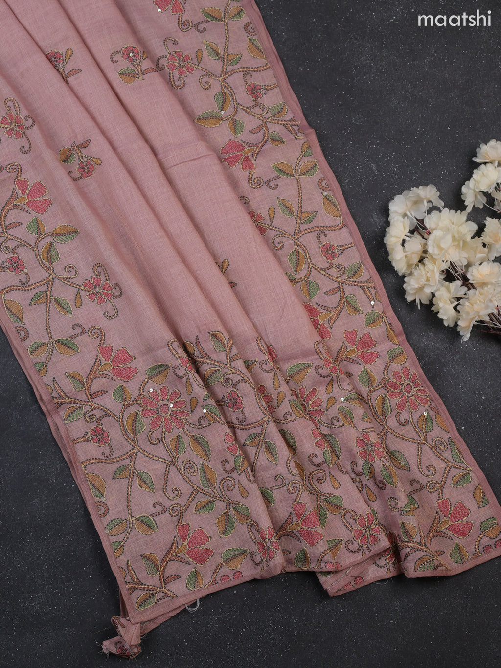 Mild Peach Tissue Linen Dress Material With Madhubani Prints & Kantha Stitch Work Pattern