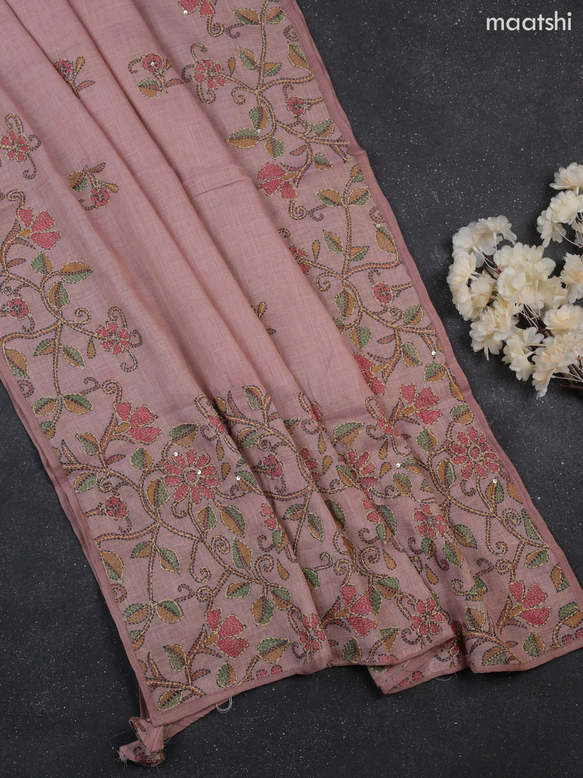 Mild Peach Tissue Linen Dress Material With Madhubani Prints & Kantha Stitch Work Pattern