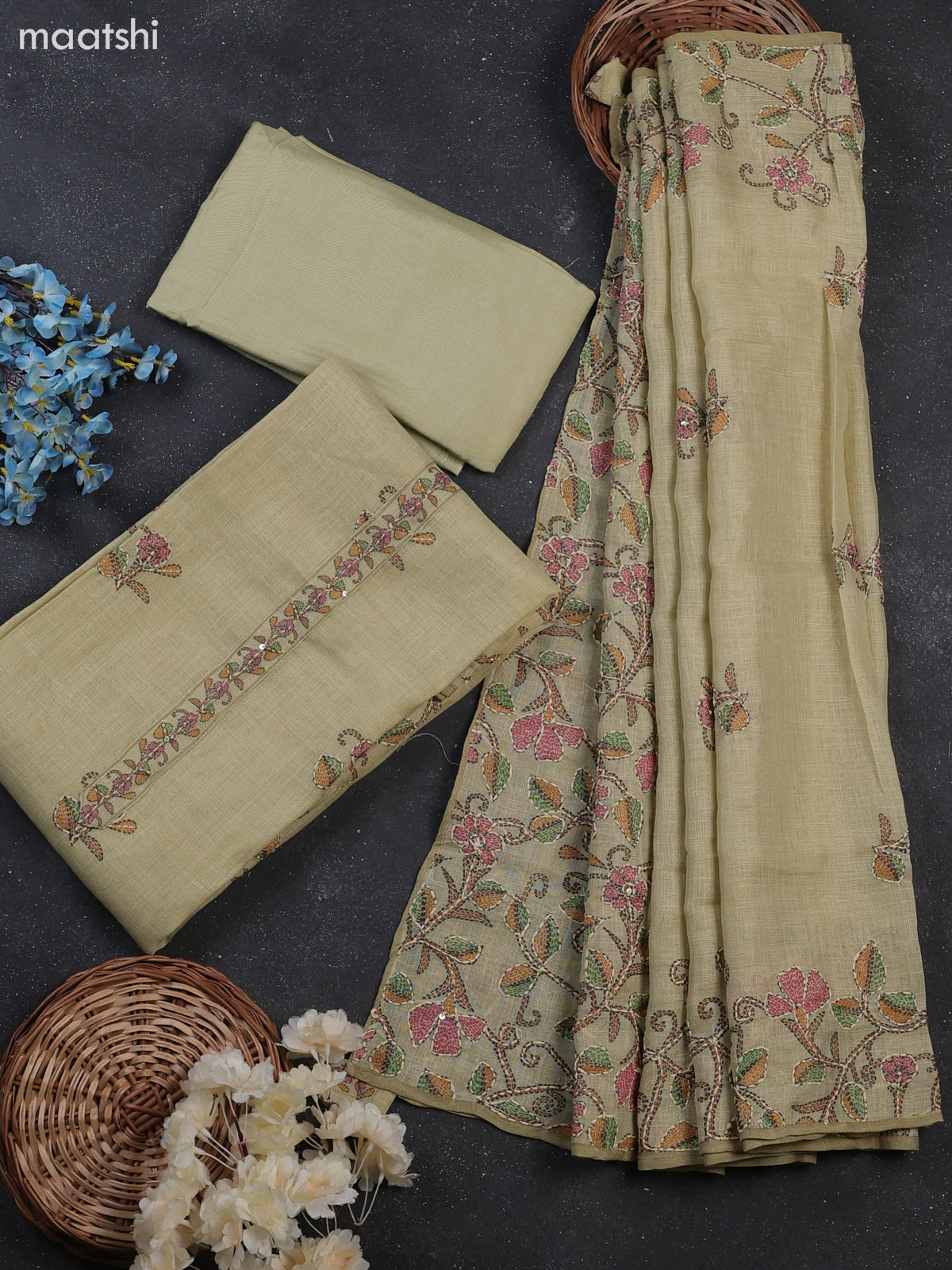 Mild Pista Green Tissue Linen Dress Material With Madhubani Prints & Kantha Stitch Work Pattern