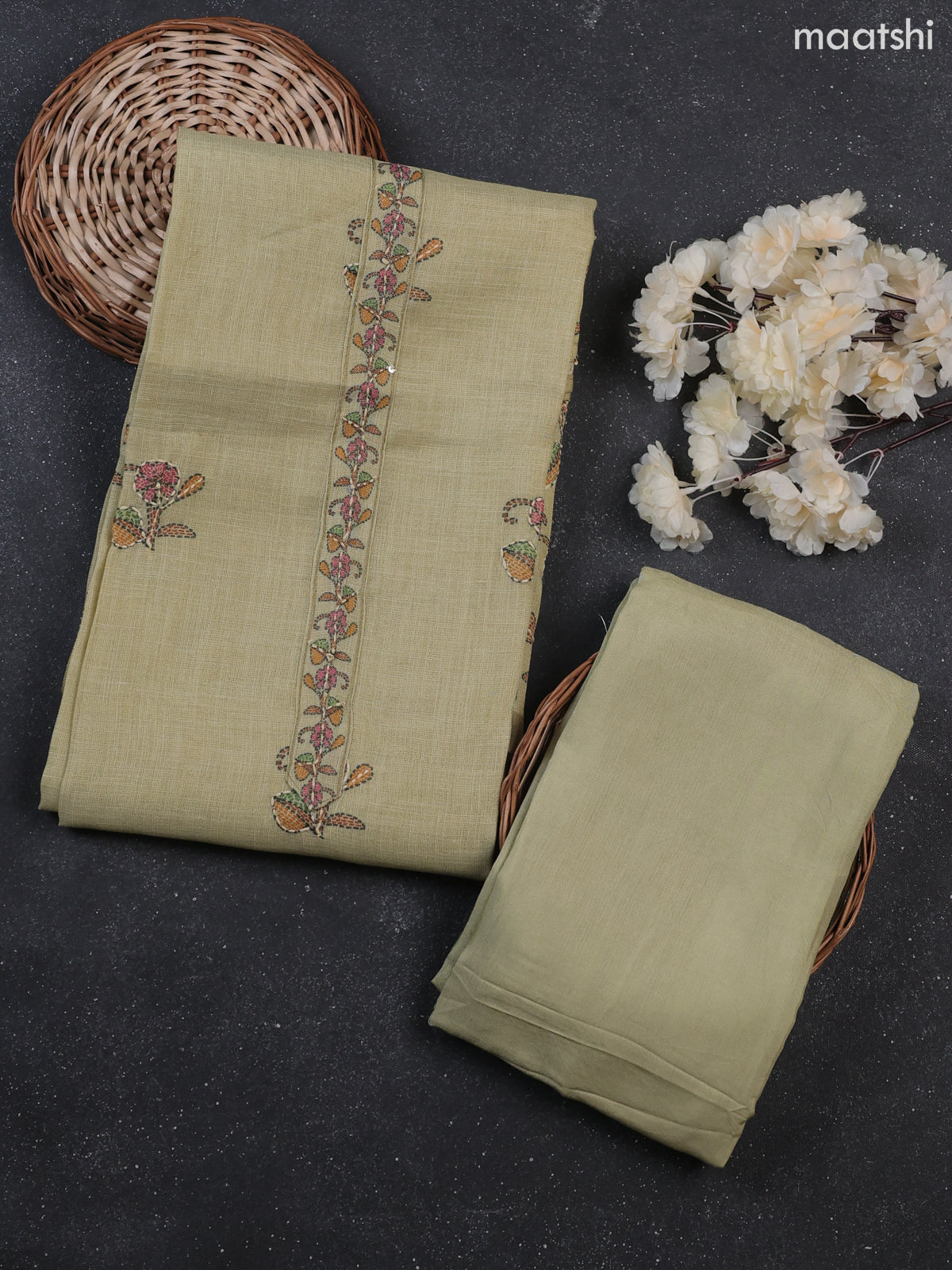 Mild Pista Green Tissue Linen Dress Material With Madhubani Prints & Kantha Stitch Work Pattern