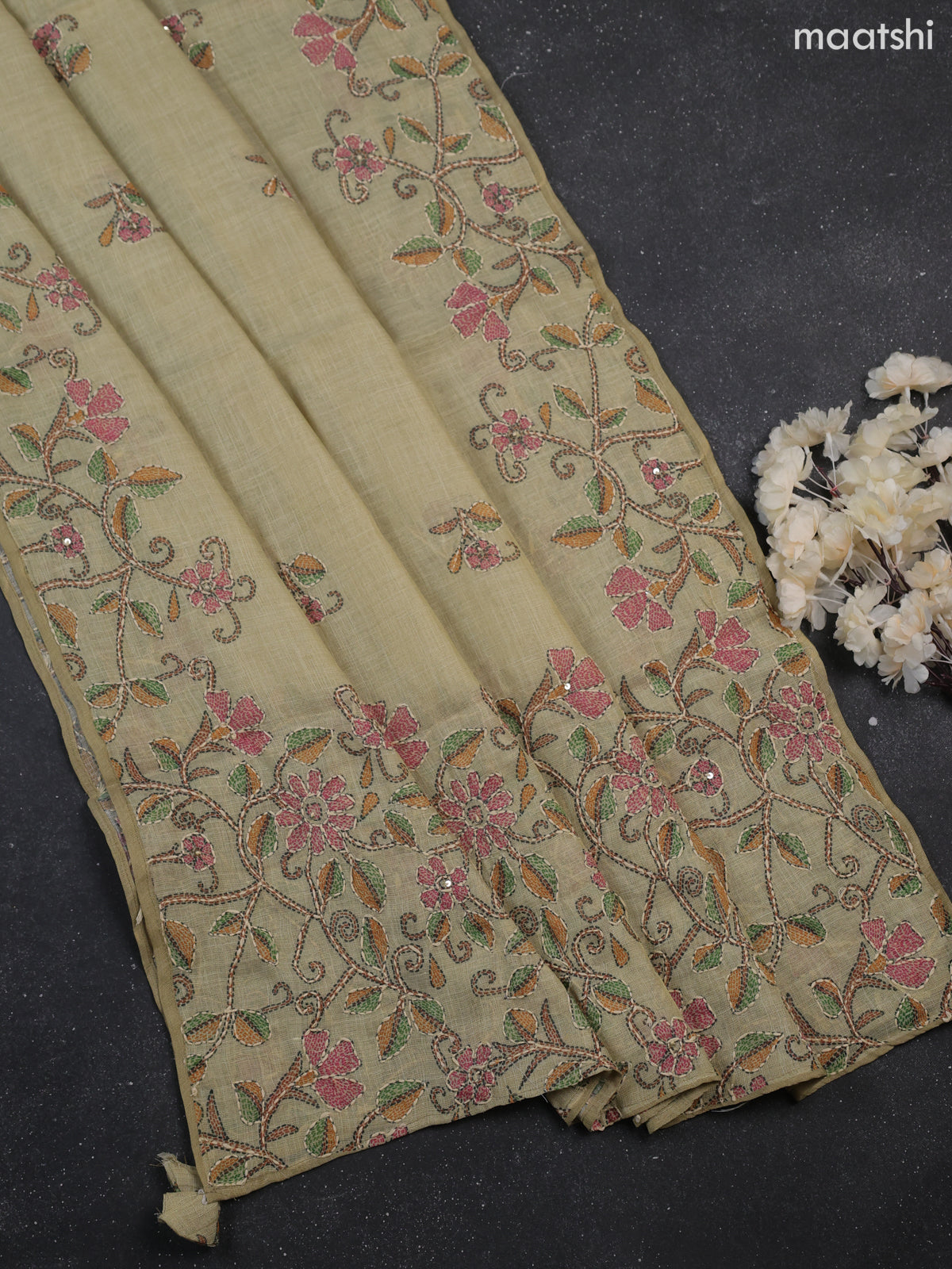 Mild Pista Green Tissue Linen Dress Material With Madhubani Prints & Kantha Stitch Work Pattern