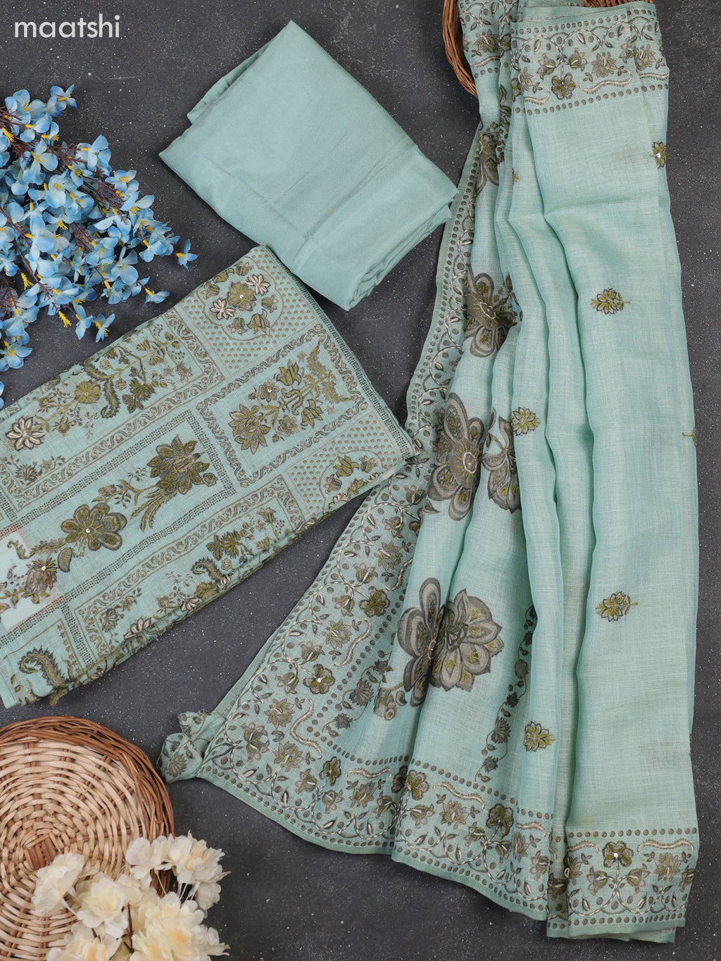 Teal Shade Tissue Linen Dress Material With Allover Floral Prints & Kantha Stitch Work Pattern