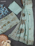 Teal Shade Tissue Linen Dress Material With Allover Floral Prints & Kantha Stitch Work Pattern