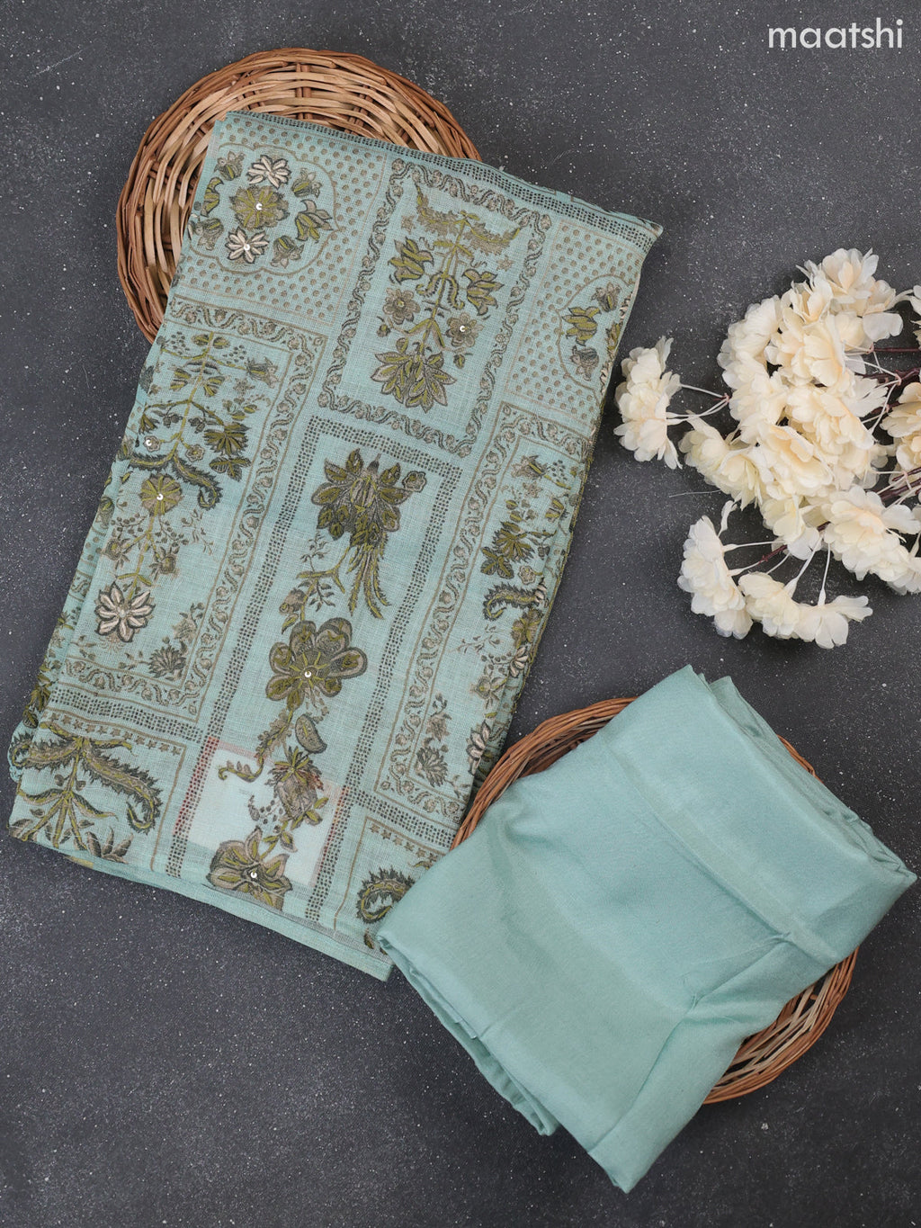 Teal Shade Tissue Linen Dress Material With Allover Floral Prints & Kantha Stitch Work Pattern