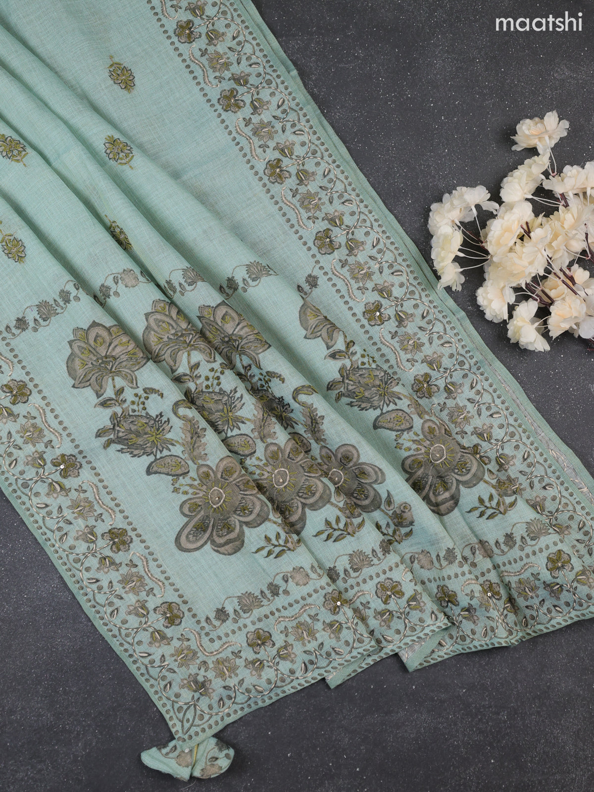 Teal Shade Tissue Linen Dress Material With Allover Floral Prints & Kantha Stitch Work Pattern