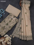 Beige Tissue Linen Dress Material With Allover Floral Prints & Kantha Stitch Work Pattern