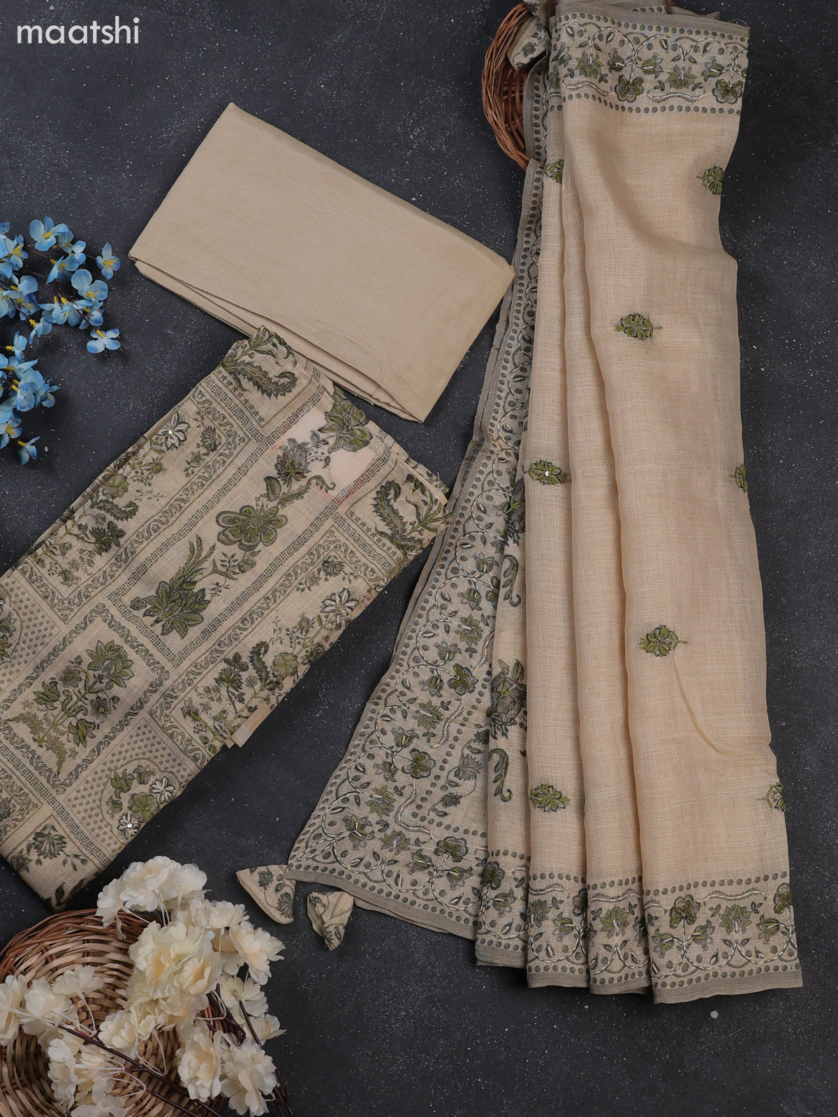 Beige Tissue Linen Dress Material With Allover Floral Prints & Kantha Stitch Work Pattern