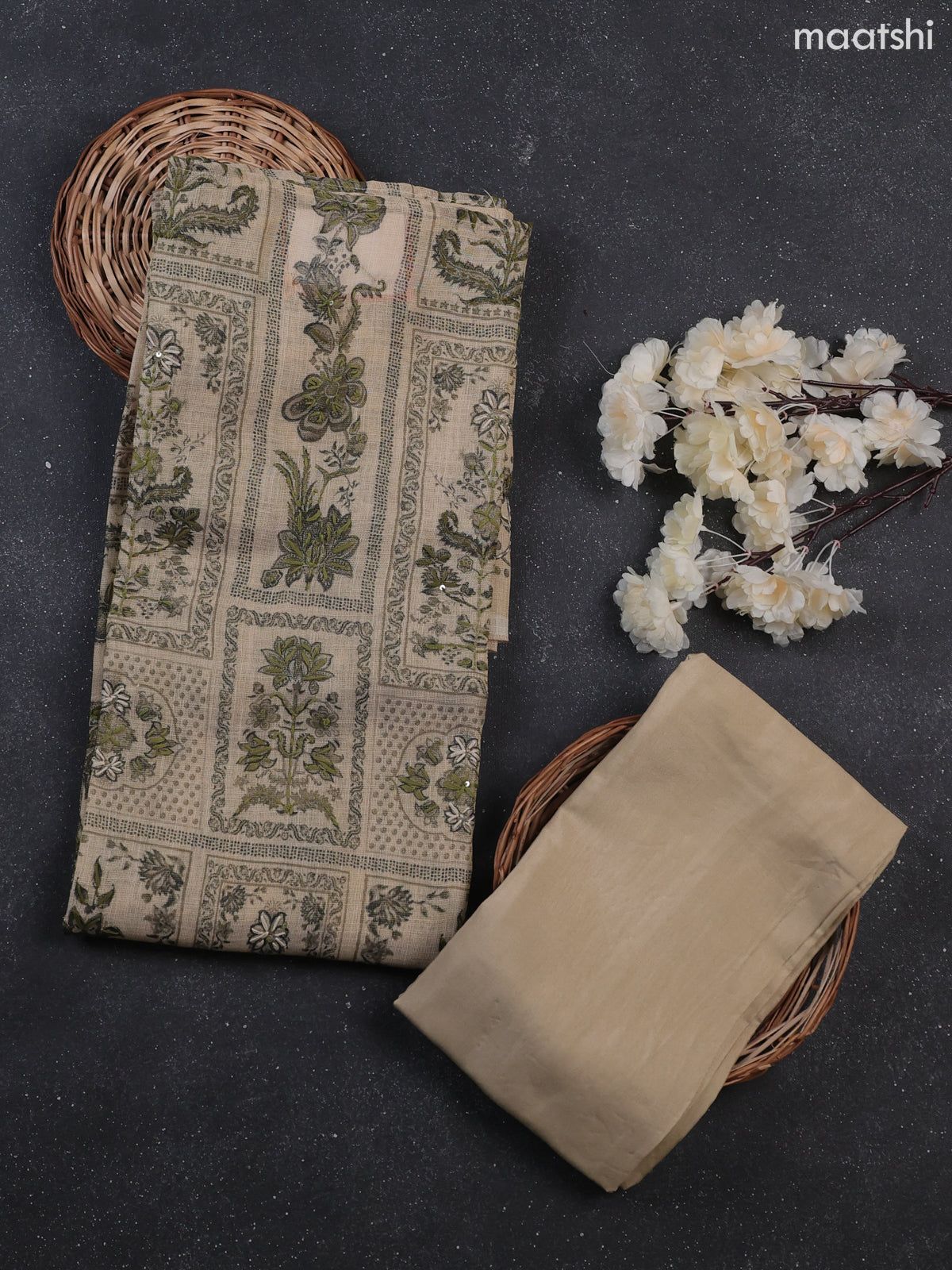 Beige Tissue Linen Dress Material With Allover Floral Prints & Kantha Stitch Work Pattern