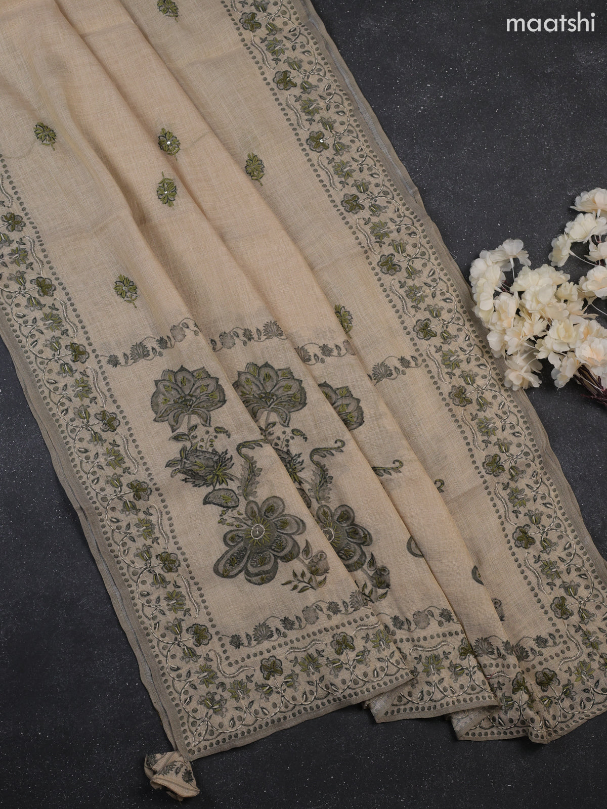 Beige Tissue Linen Dress Material With Allover Floral Prints & Kantha Stitch Work Pattern