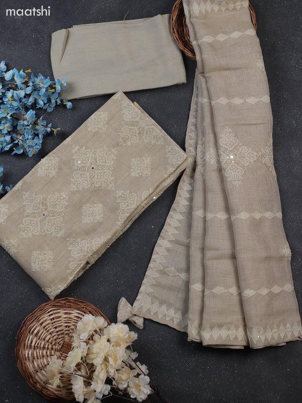 Beige Tissue Linen Dress Material With Prints & Kantha Stitch Work Pattern