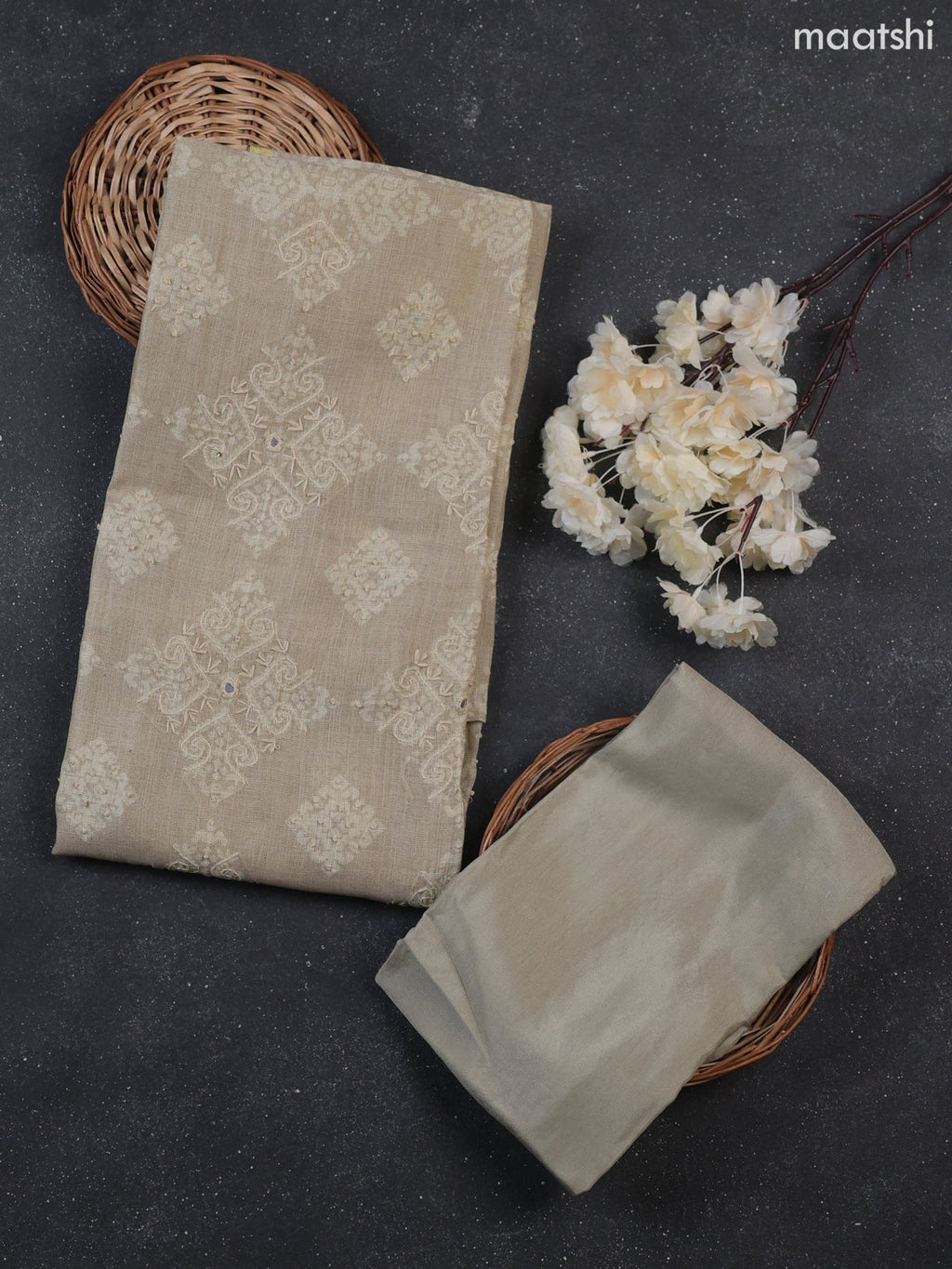 Beige Tissue Linen Dress Material With Prints & Kantha Stitch Work Pattern