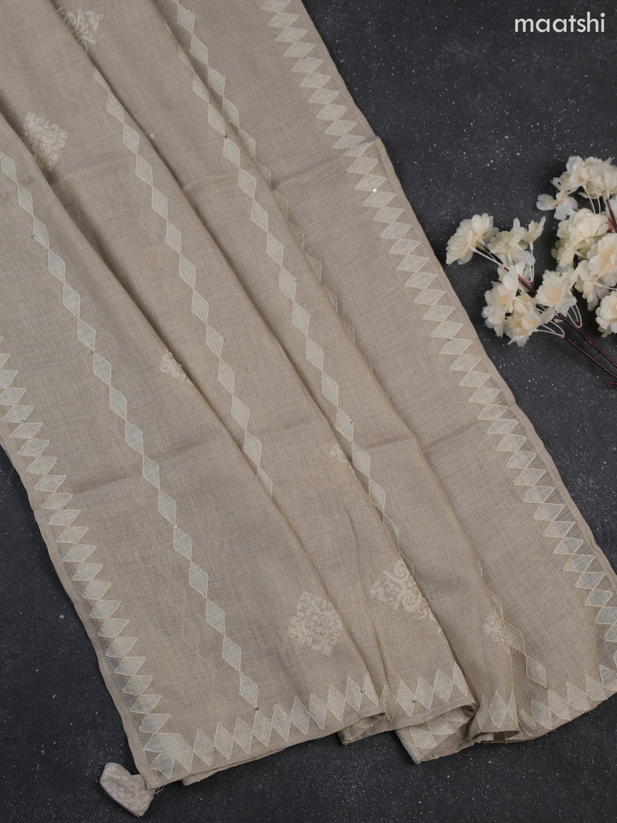Beige Tissue Linen Dress Material With Prints & Kantha Stitch Work Pattern