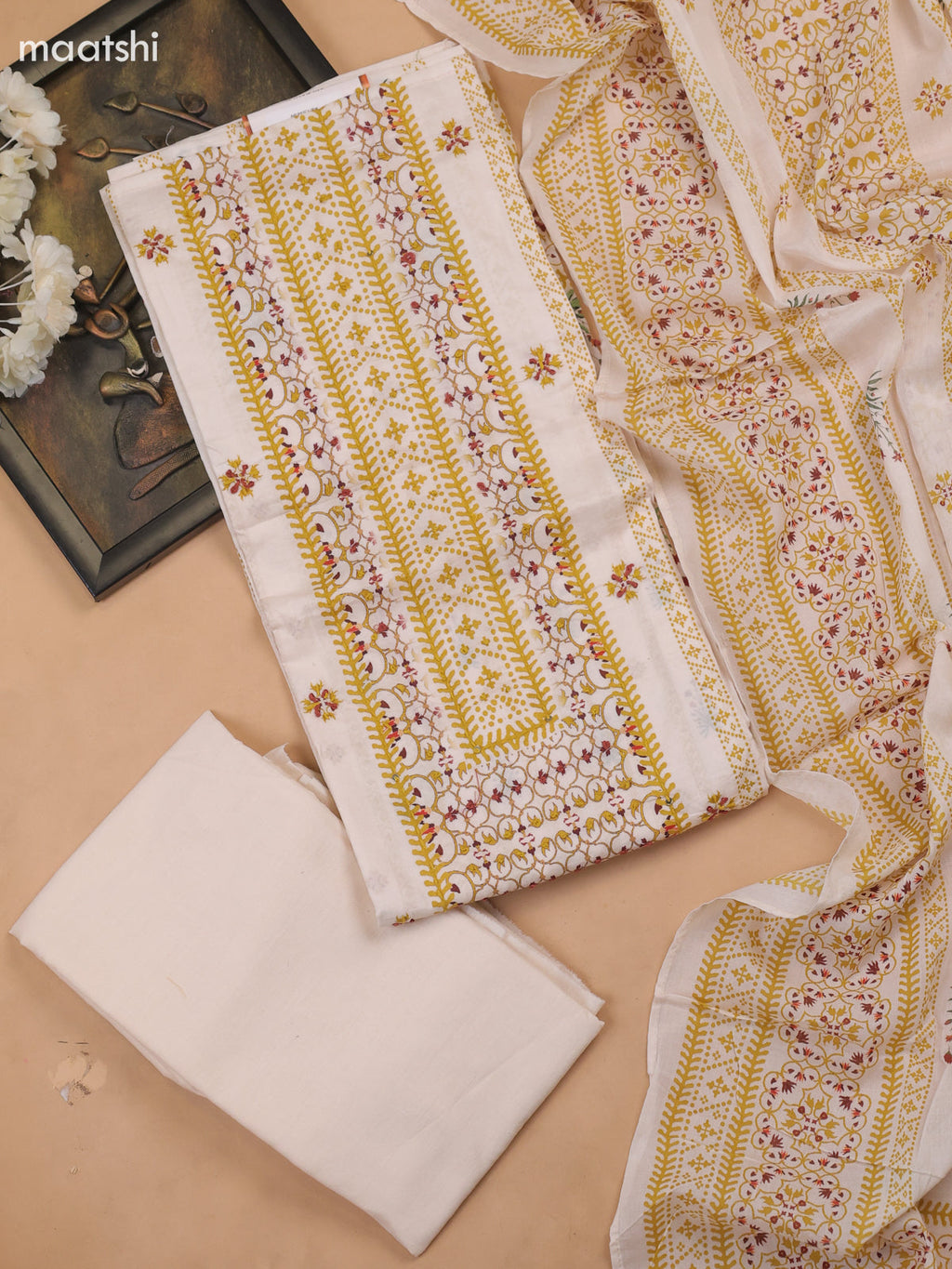 Off White and Yellow Cotton Dress Material With Allover Prints & Kantha Stitch Work Neck Pattern