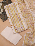 Off White and Yellow Cotton Dress Material With Allover Prints & Kantha Stitch Work Neck Pattern