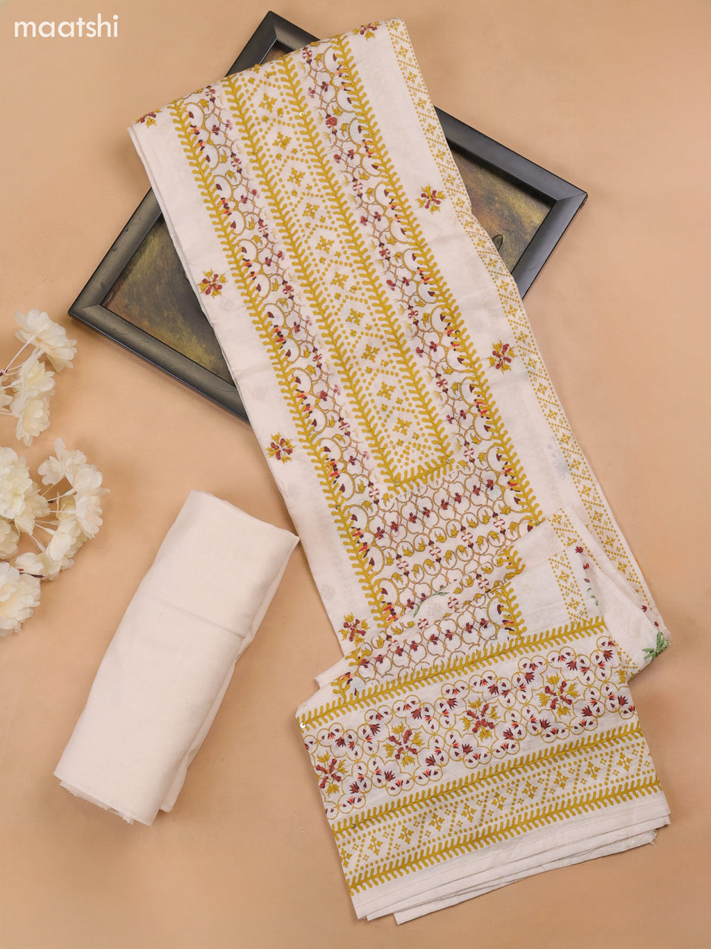 Off White and Yellow Cotton Dress Material With Allover Prints & Kantha Stitch Work Neck Pattern