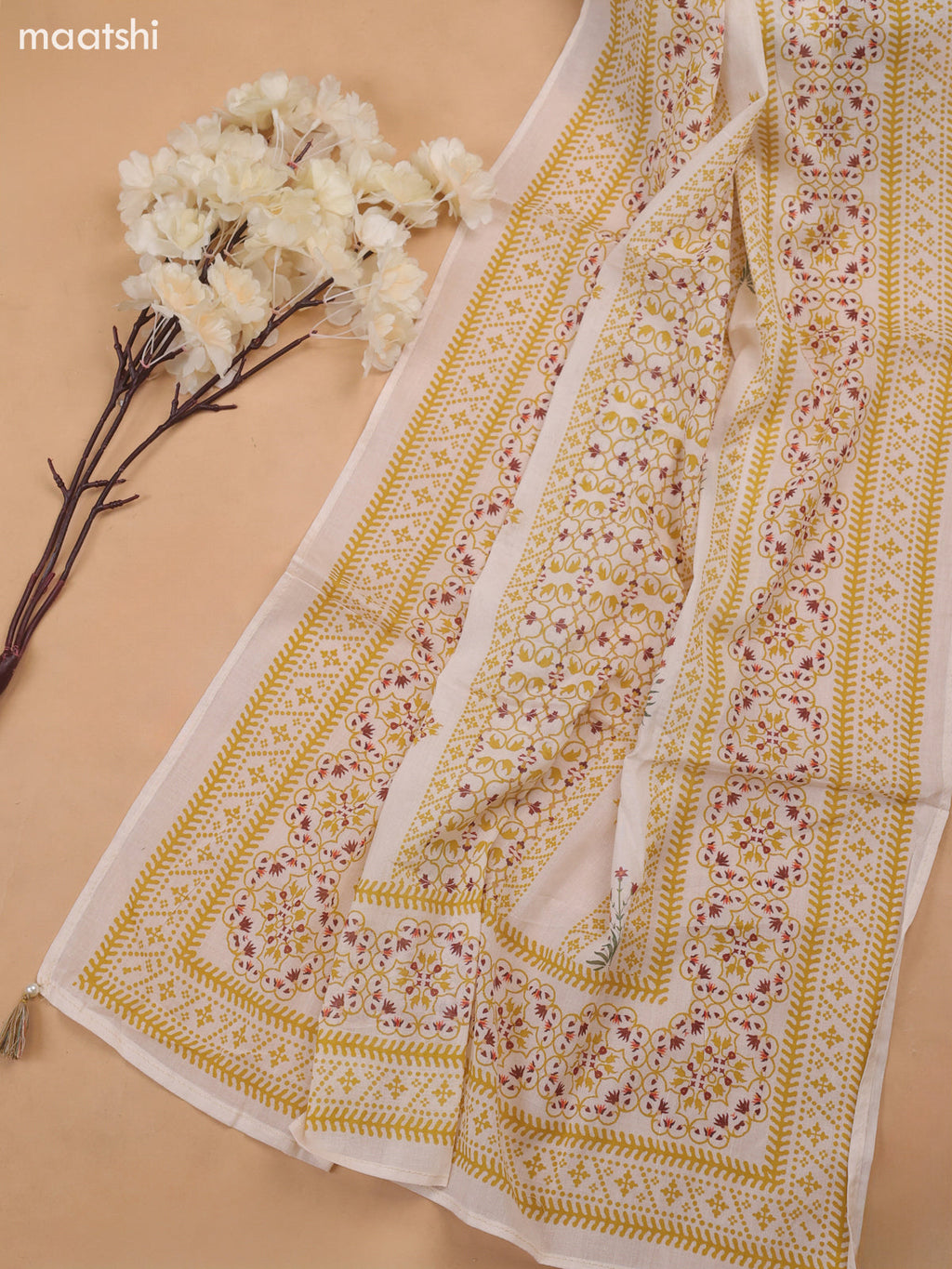 Off White and Yellow Cotton Dress Material With Allover Prints & Kantha Stitch Work Neck Pattern