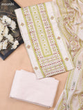 Off White and Green Cotton Dress Material With Allover Prints & Kantha Stitch Work Neck Pattern