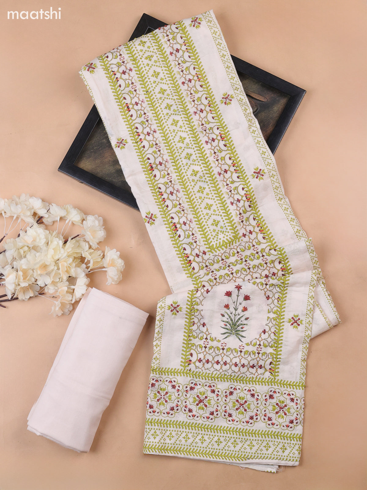 Off White and Green Cotton Dress Material With Allover Prints & Kantha Stitch Work Neck Pattern
