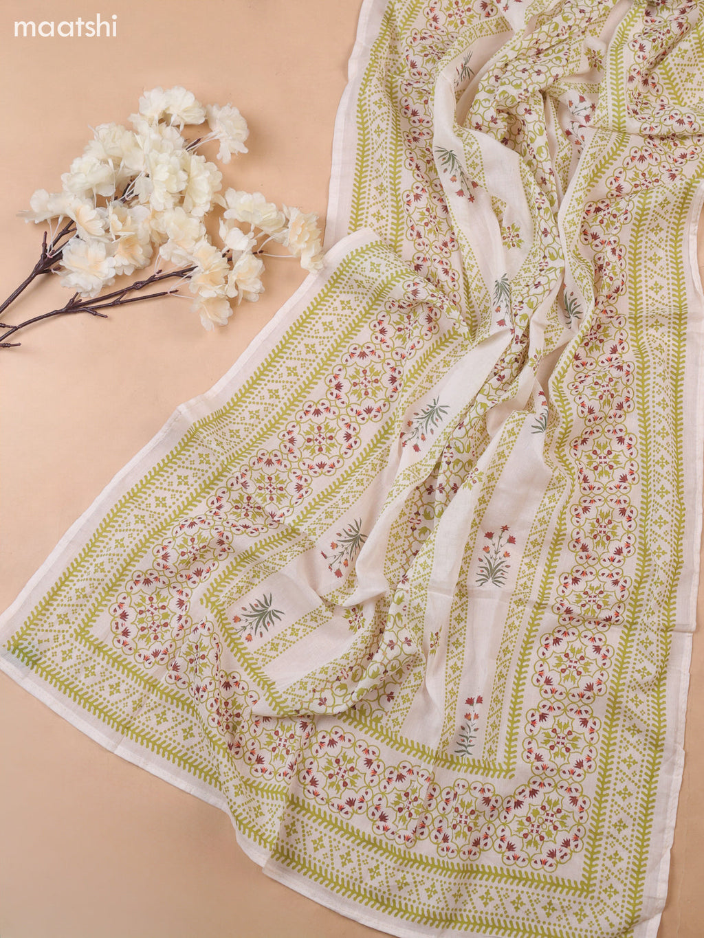 Off White and Green Cotton Dress Material With Allover Prints & Kantha Stitch Work Neck Pattern
