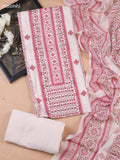 Off White and Red Cotton Dress Material With Allover Prints & Kantha Stitch Work Neck Pattern