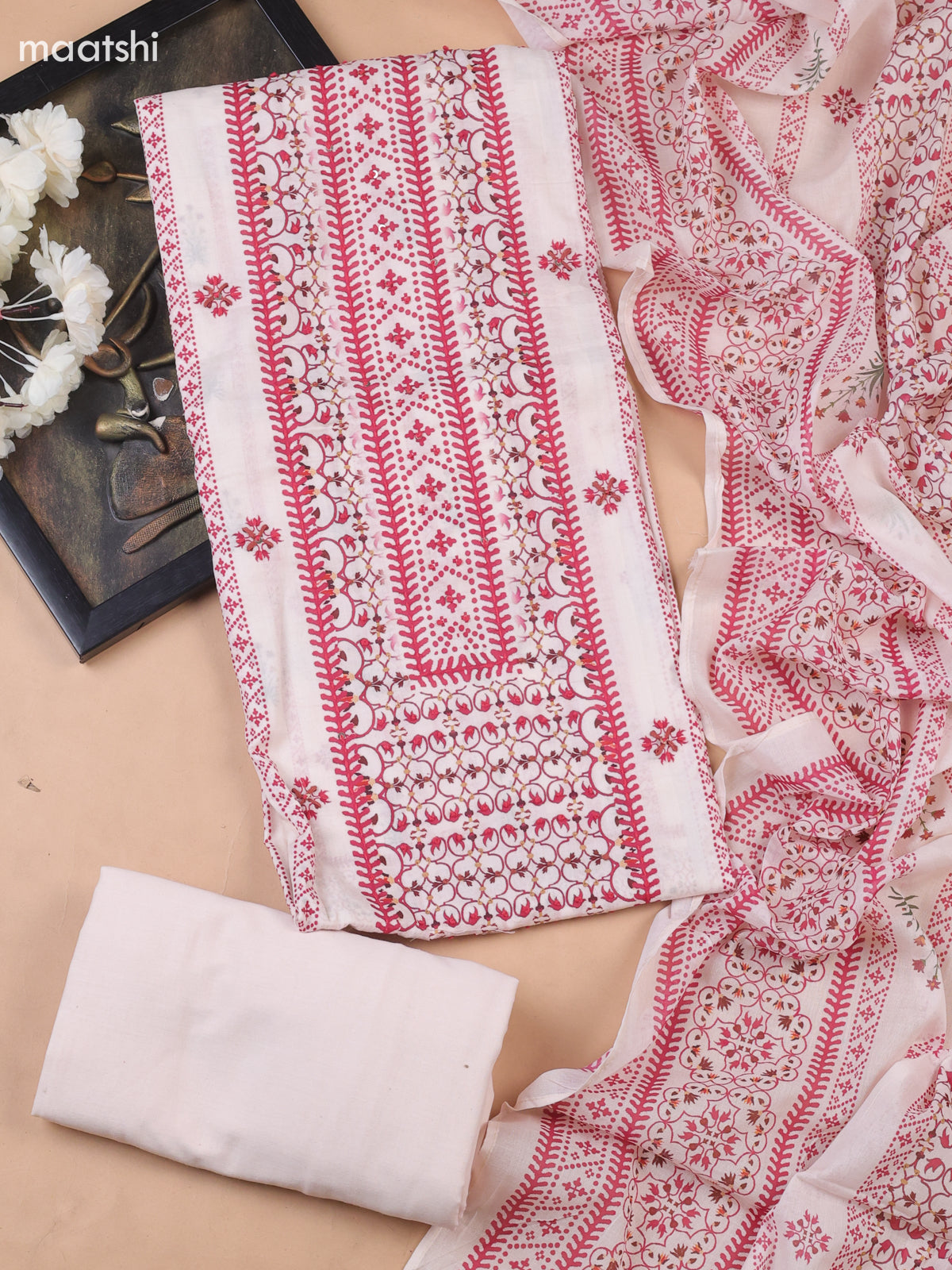 Off White and Red Cotton Dress Material With Allover Prints & Kantha Stitch Work Neck Pattern