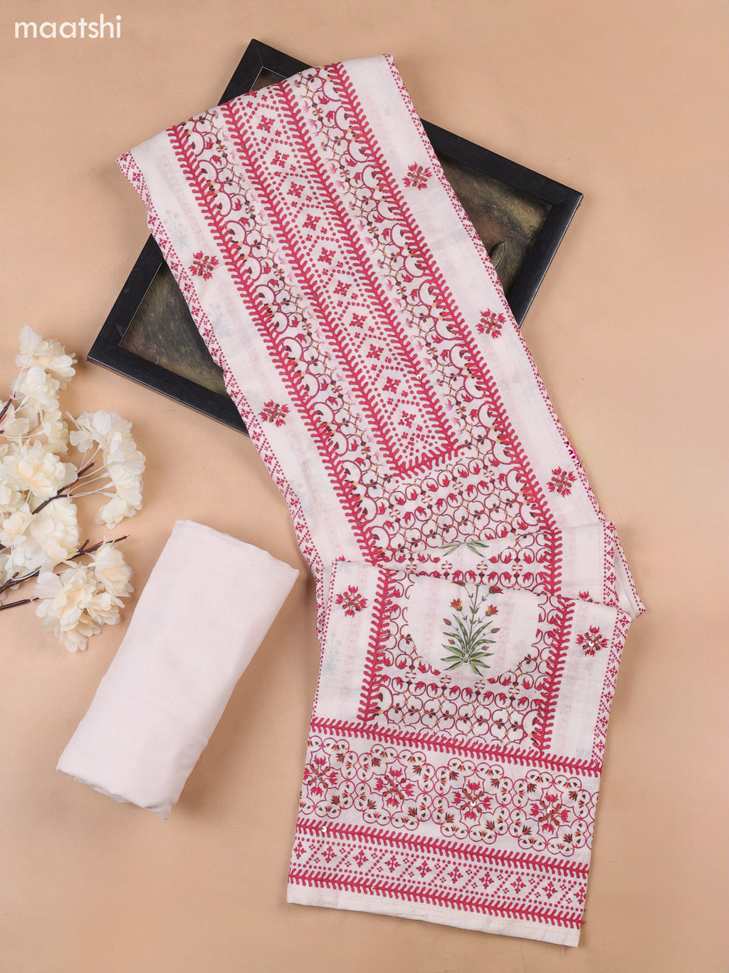 Off White and Red Cotton Dress Material With Allover Prints & Kantha Stitch Work Neck Pattern