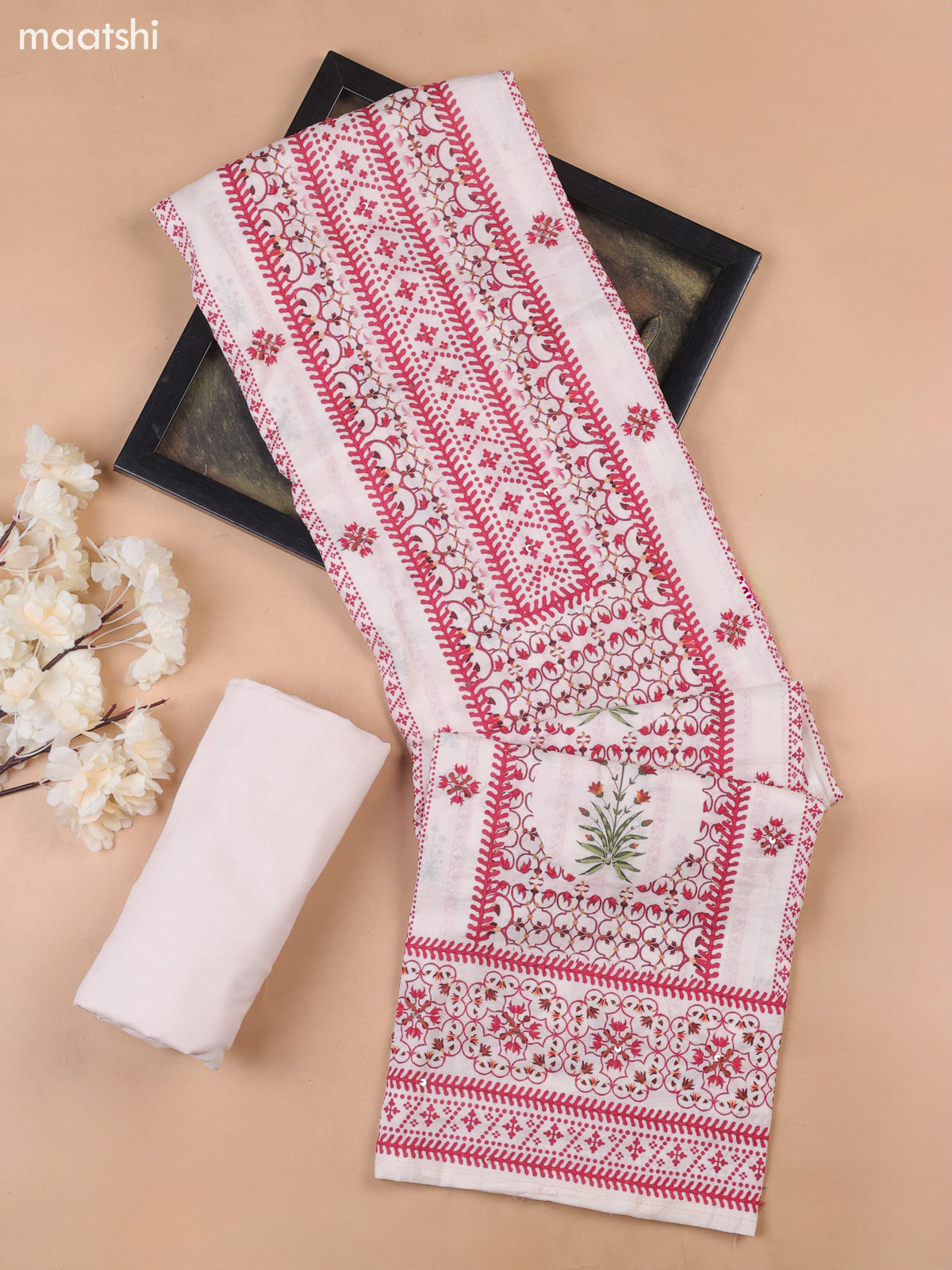 Off White and Red Cotton Dress Material With Allover Prints & Kantha Stitch Work Neck Pattern