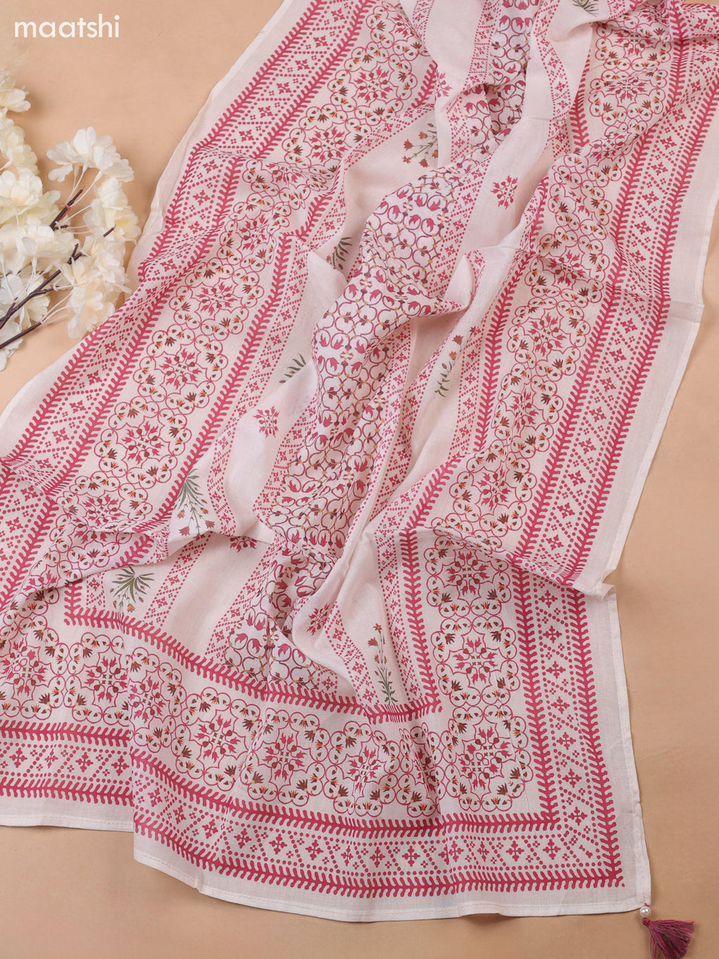 Off White and Red Cotton Dress Material With Allover Prints & Kantha Stitch Work Neck Pattern