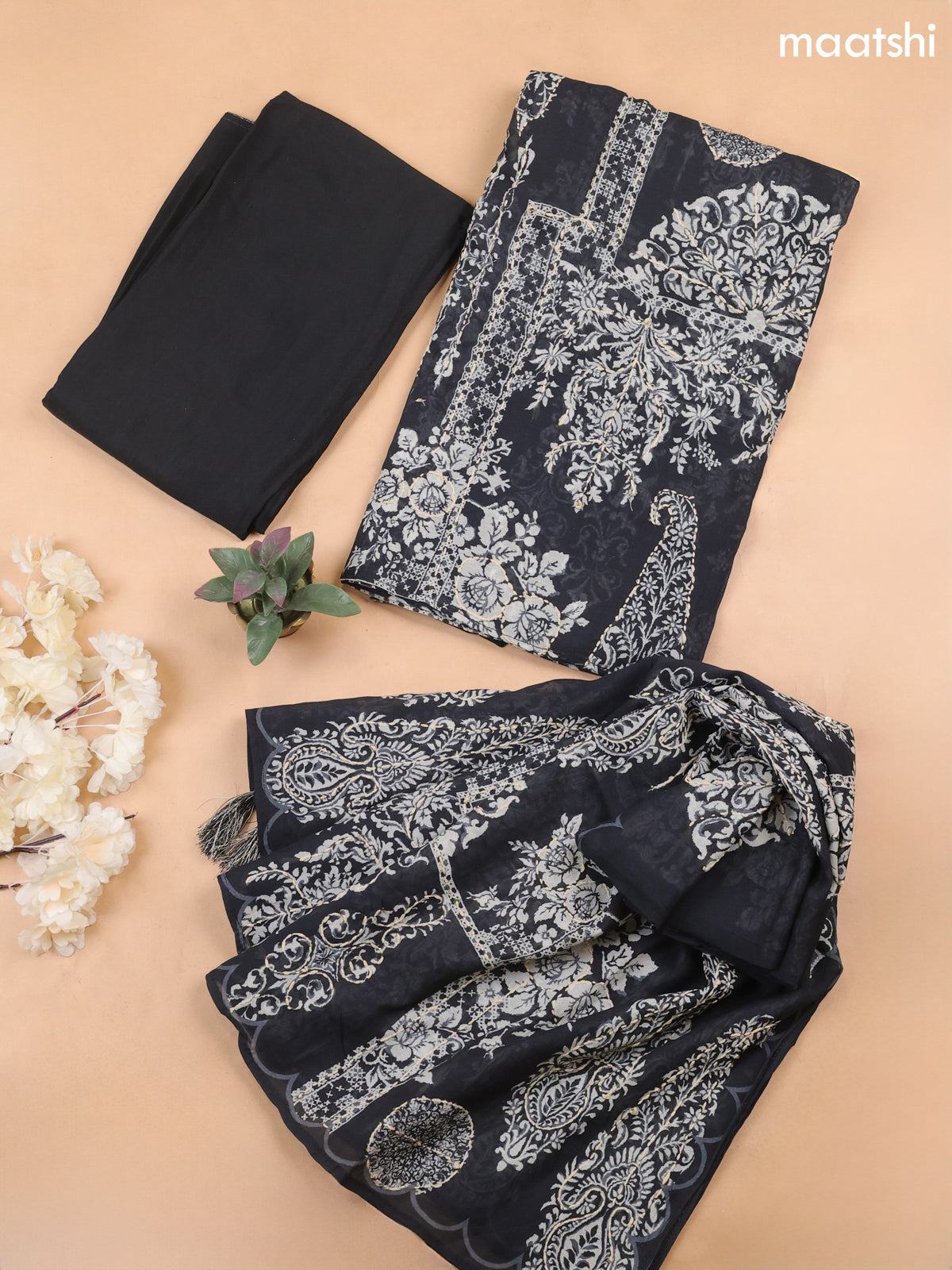 Black Mul Chanderi Dress Material With Prints & Kantha Stitch Work Pattern