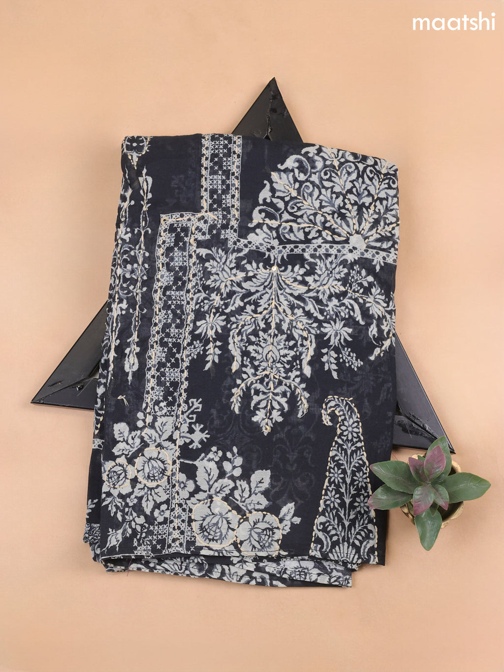 Black Mul Chanderi Dress Material With Prints & Kantha Stitch Work Pattern