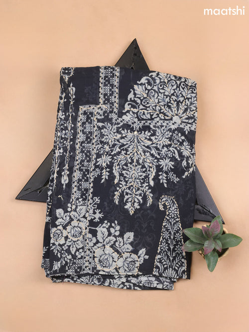 Black Mul Chanderi Dress Material With Prints & Kantha Stitch Work Pattern