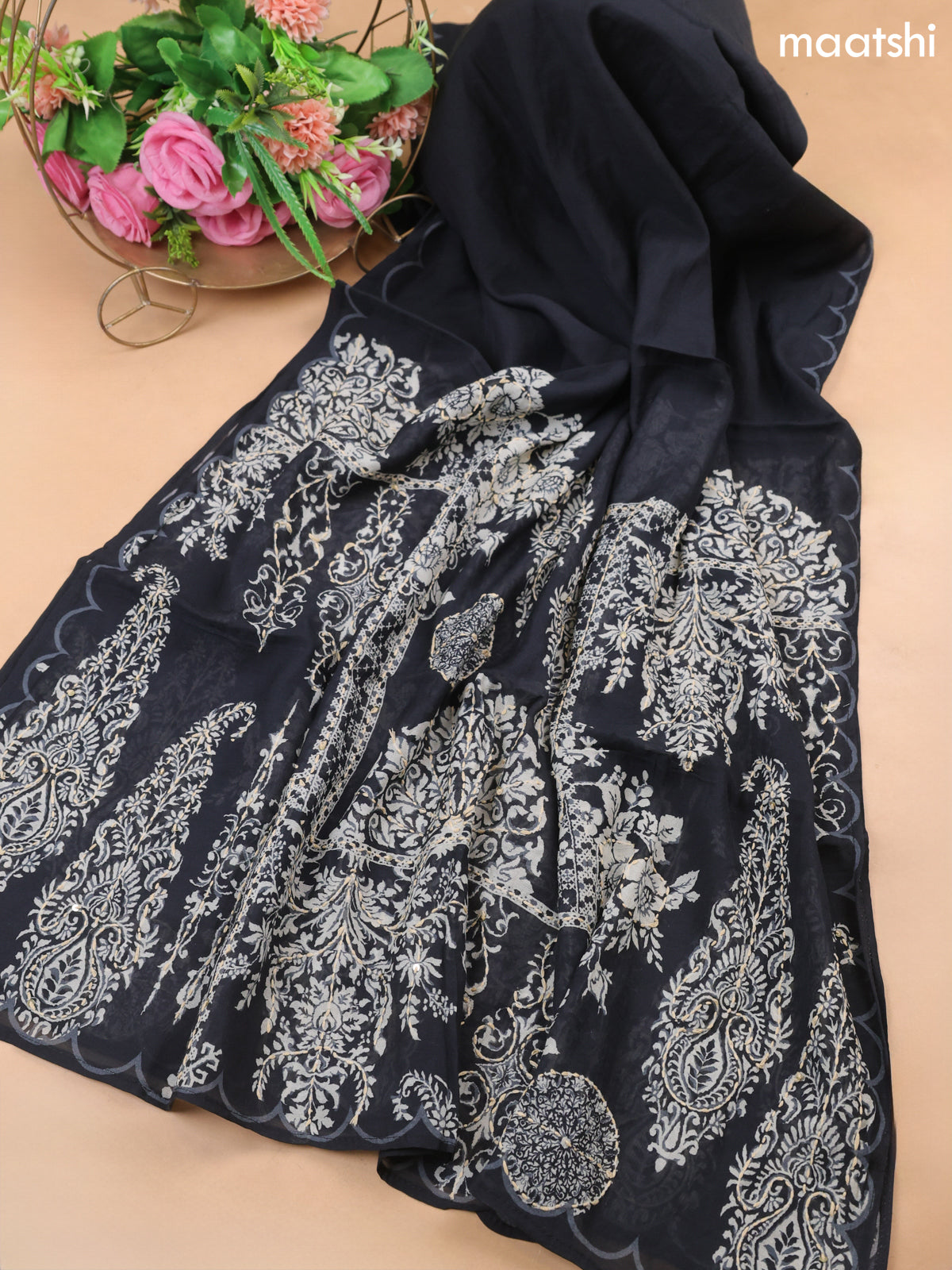 Black Mul Chanderi Dress Material With Prints & Kantha Stitch Work Pattern