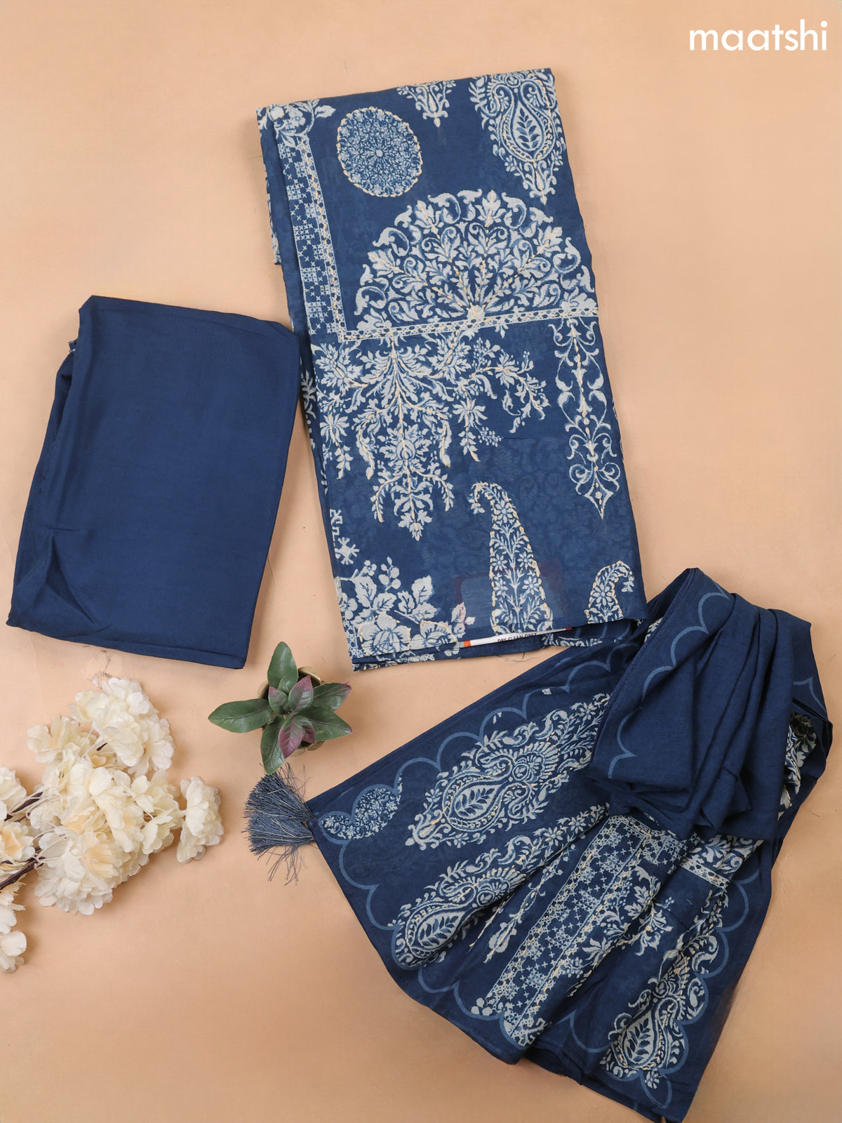 Peacock Blue Mul Chanderi Dress Material With Prints & Kantha Stitch Work Pattern