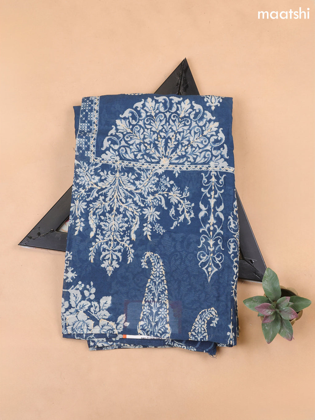 Peacock Blue Mul Chanderi Dress Material With Prints & Kantha Stitch Work Pattern