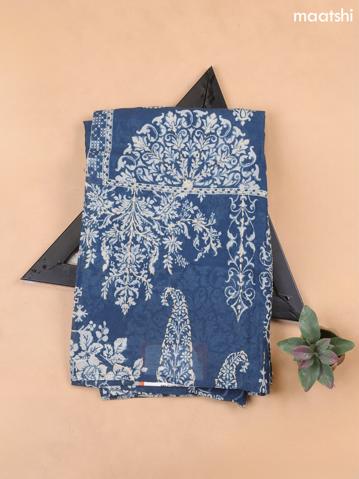 Peacock Blue Mul Chanderi Dress Material With Prints & Kantha Stitch Work Pattern