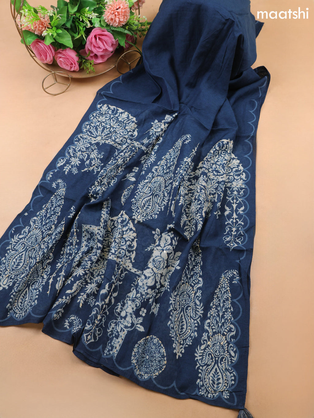 Peacock Blue Mul Chanderi Dress Material With Prints & Kantha Stitch Work Pattern