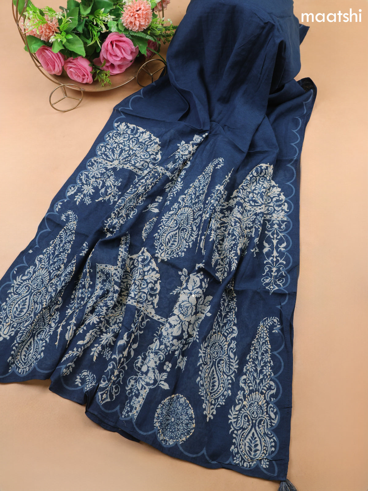 Peacock Blue Mul Chanderi Dress Material With Prints & Kantha Stitch Work Pattern