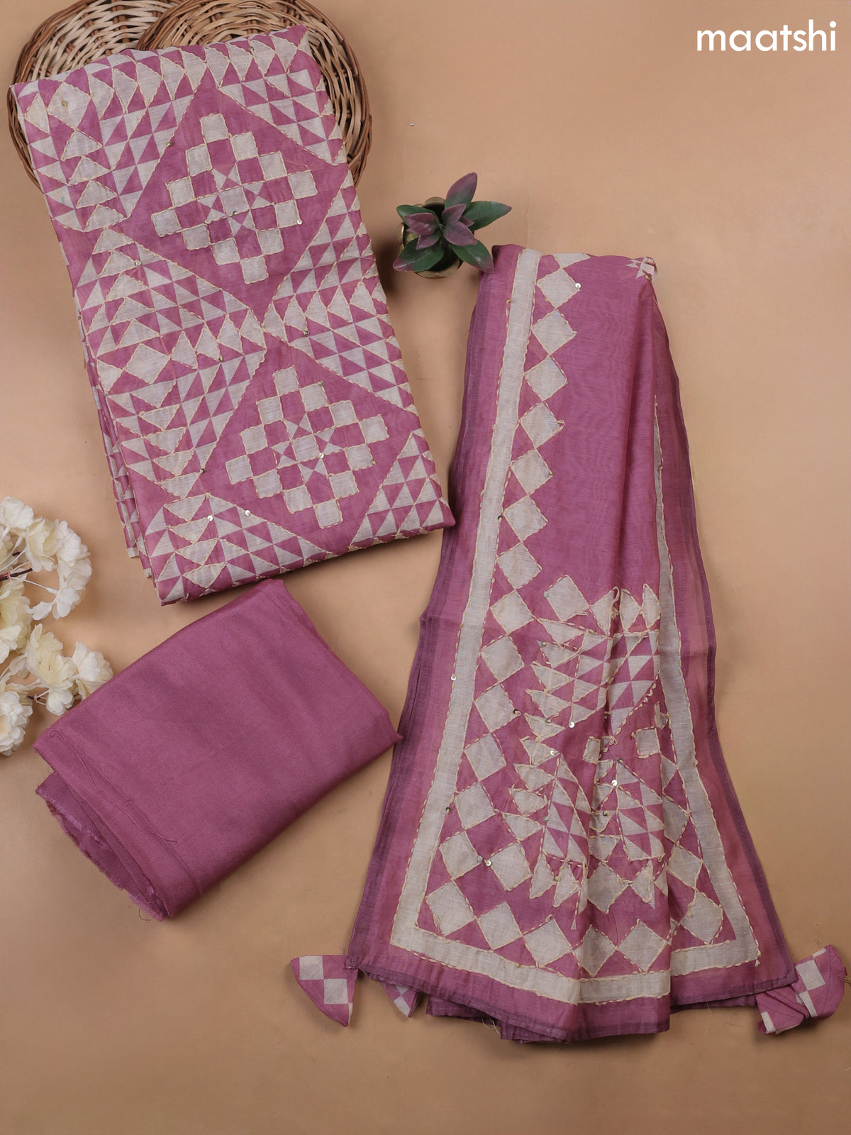 Peack Pink Munga Cotton Dress Material With Kantha Stitch Work Pattern