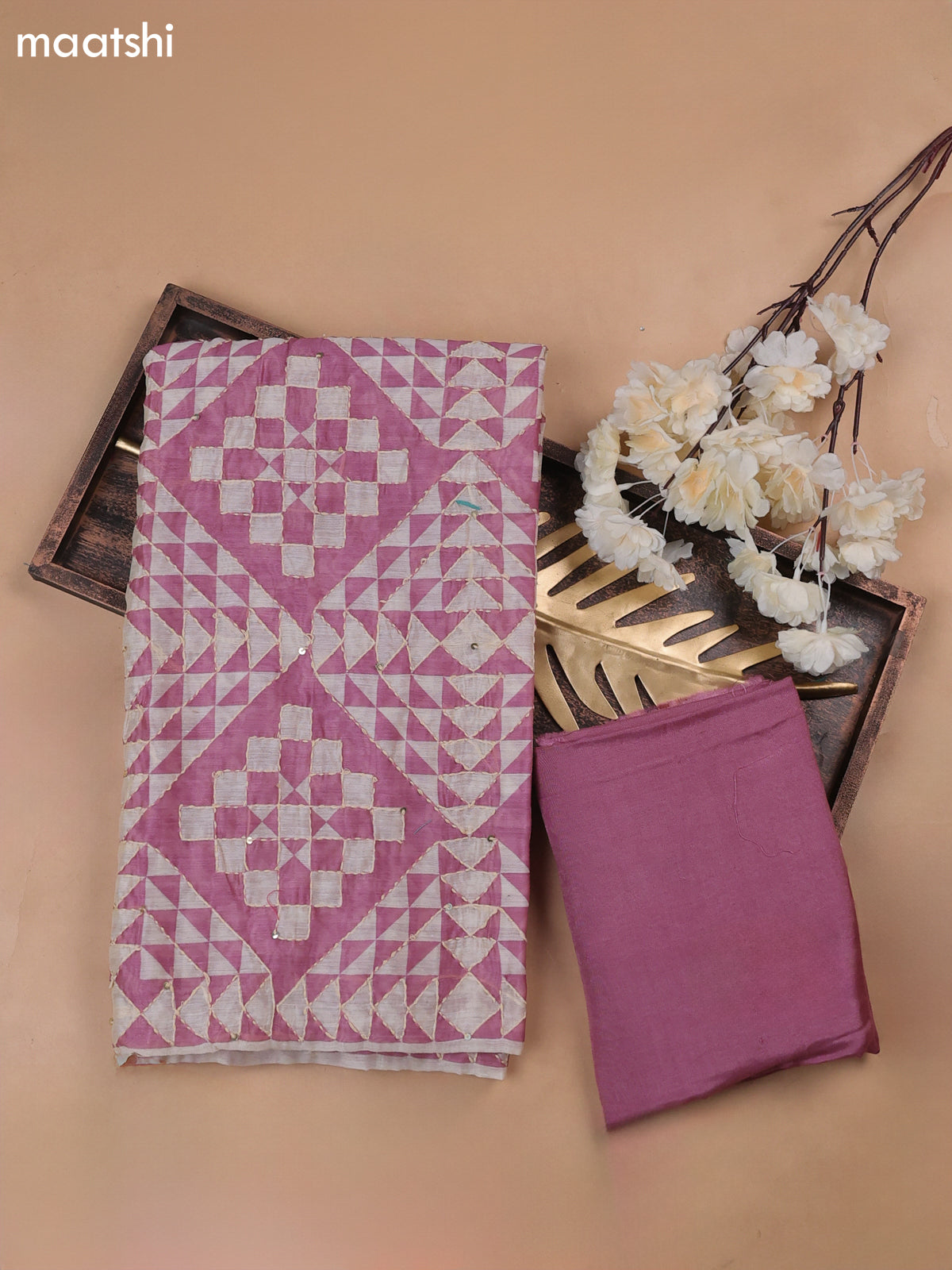 Peack Pink Munga Cotton Dress Material With Kantha Stitch Work Pattern