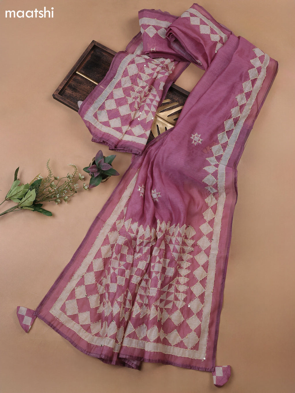 Peack Pink Munga Cotton Dress Material With Kantha Stitch Work Pattern