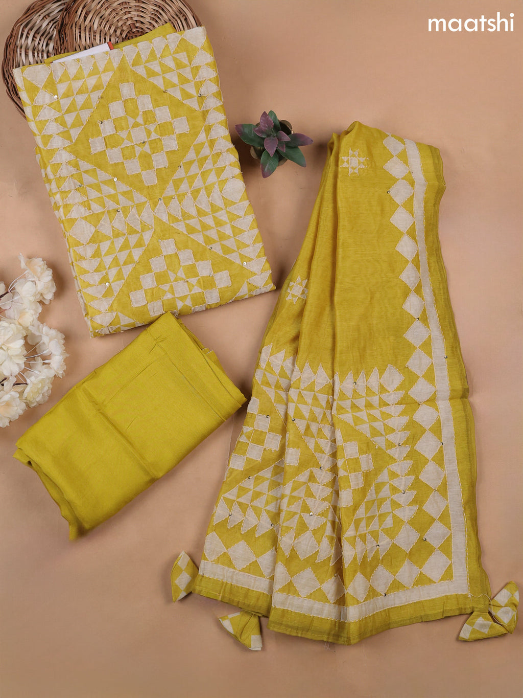 Yellow Munga Cotton Dress Material With Kantha Stitch Work Pattern