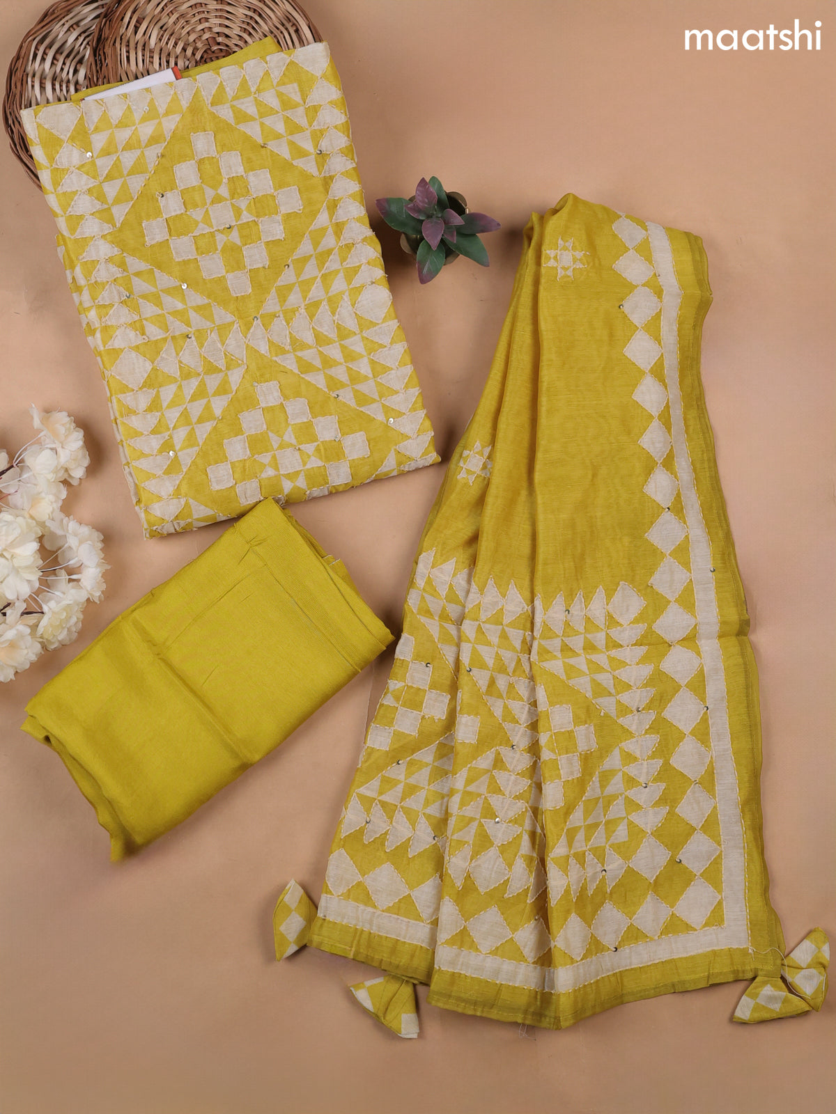 Yellow Munga Cotton Dress Material With Kantha Stitch Work Pattern