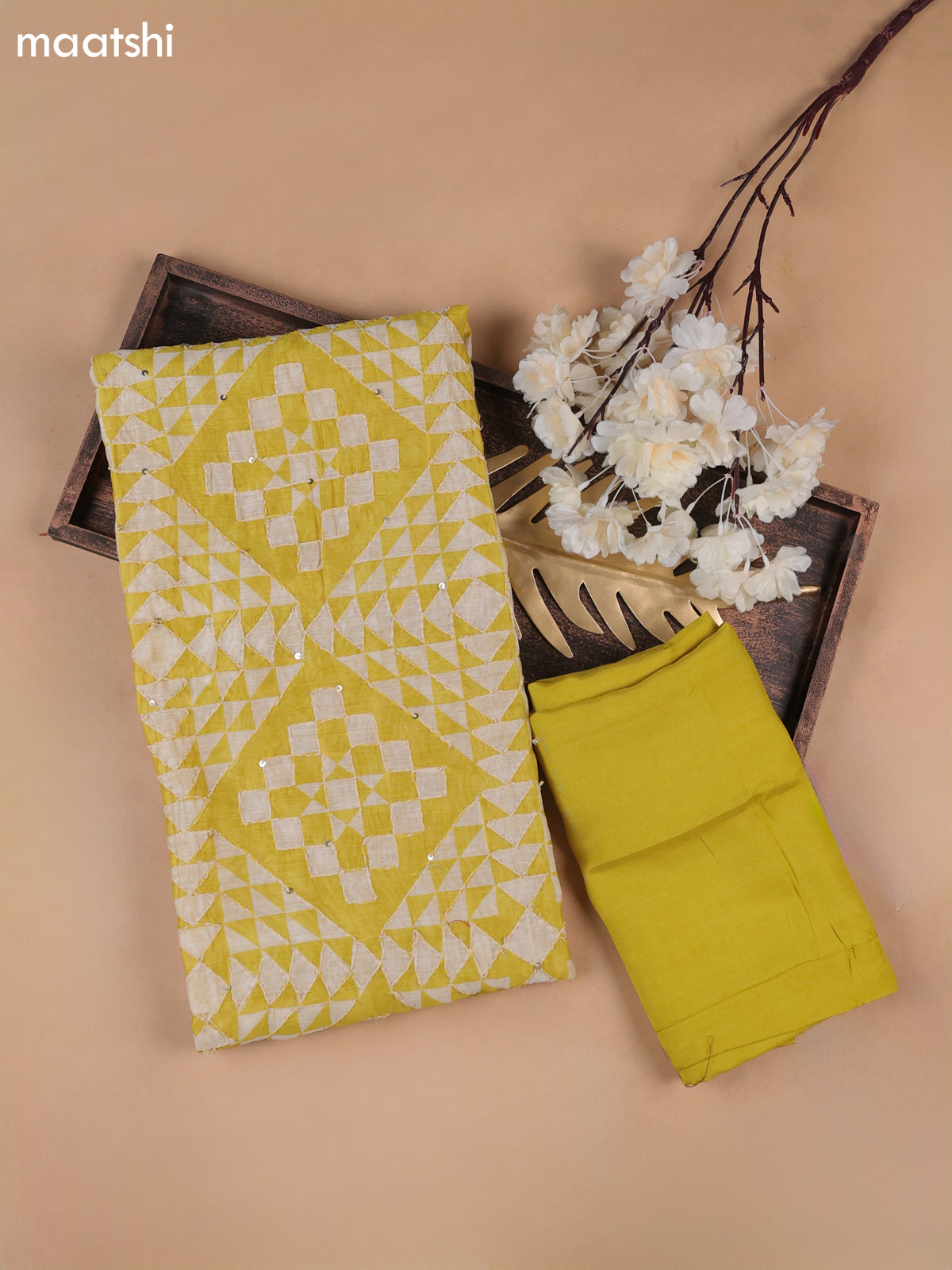 Yellow Munga Cotton Dress Material With Kantha Stitch Work Pattern